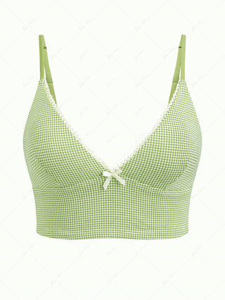 Green Gingham Lace Bowknot Plunging Neck Tankini Top