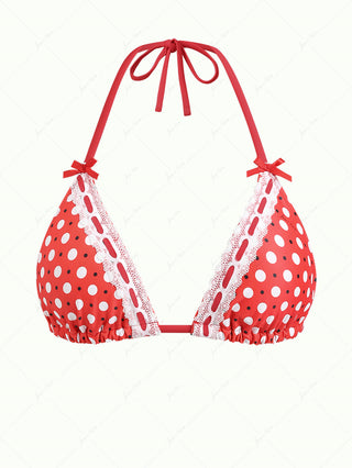 Vintage Red Polka Dot Lace Bowknot Halter Triangle Bikini Top