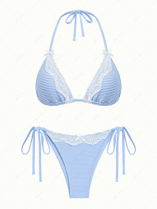 Light Blue Striped Lace Bowknot Halter Triangle Top & Cheeky Brazilian Bottom Bikini Set