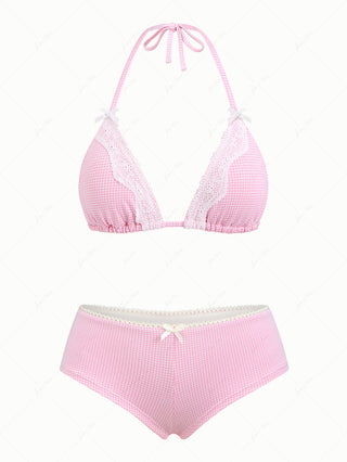 Light Pink Knitted Plaid Lace Bowknot Triangle Cheeky Boyshorts Bikini Set