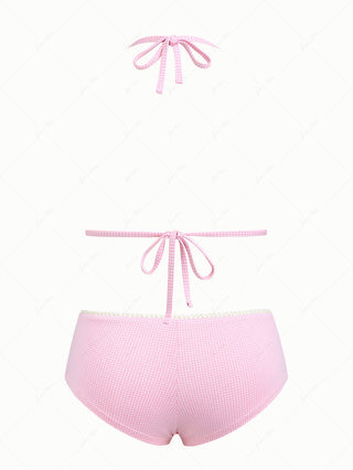 Light Pink Knitted Plaid Lace Bowknot Triangle Cheeky Boyshorts Bikini Set