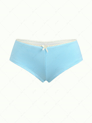 Sky Blue Knitted Plaid Lace Low Rise Bikini Bottom Cheeky Swim Boyshorts