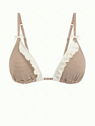 Coffee Striped Frilled Ruffles Bowknot Triangle Bikini Top
