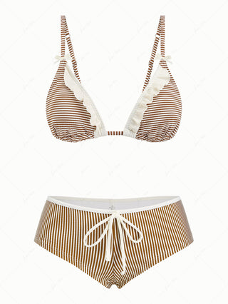 Coffee Striped Frilled Ruffles Bowknot Triangle Cheeky Boyshorts Bikini Set