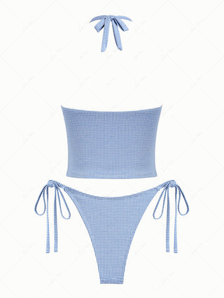 Blue Knitted Plaid Contrast Lace Trim Bowknot Cami Tankini Set