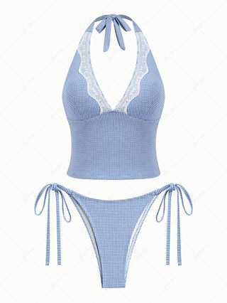 Blue Knitted Plaid Contrast Lace Plunging Neck Halter Tied Tankini Set