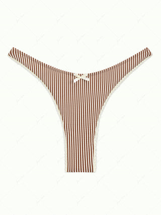 Coffee Color Striped Lace Bowknot High Cut Cheeky Bikini Bottom
