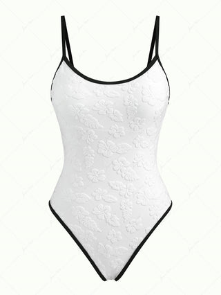 White Terry Cloth Jacquard Contrast Binding One-piece Swimsuit