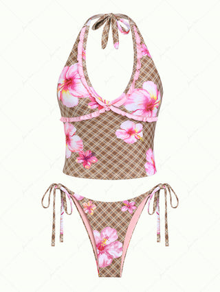 Coffee Plaid Floral Hibiscus Print Frilled Ruffles Plunging Neck Tankini Set