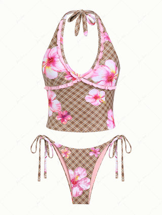 Coffee Plaid Floral Hibiscus Print Frilled Ruffles Plunging Neck Tankini Set