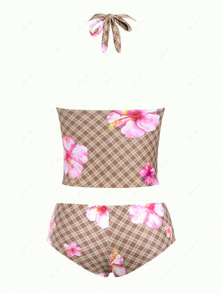 Coffee Plaid Hibiscus Print Ruffles Halter Tank Top & Cheeky Boyshorts Tankini Set