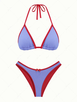 Navy Blue Knitted Plaid Contrast Binding Halter Triangle Bikini Set for 4th of July