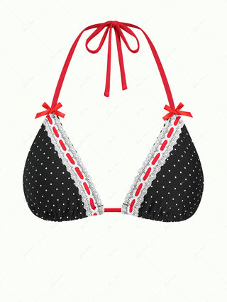 Black Polka Dot Print Vintage Lace Bowknot Halter Triangle Bikini Top