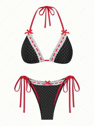Black Polka Dot Print Vintage Lace Bowknot Halter Triangle Bikini Set