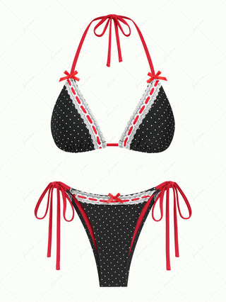 Black Polka Dot Print Vintage Lace Bowknot Halter Triangle Bikini Set