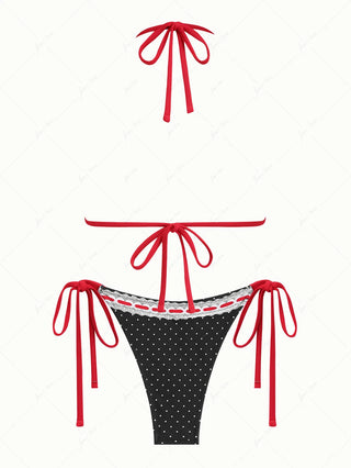 Black Polka Dot Print Vintage Lace Bowknot Halter Triangle Bikini Set