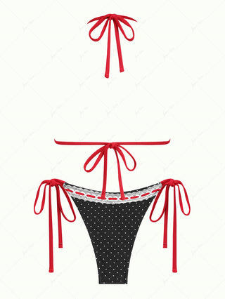 Black Polka Dot Print Vintage Lace Bowknot Halter Triangle Bikini Set
