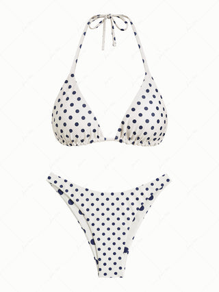 Cadetblue Vintage Polka Dot Halter Triangle Reversible Bikini Set