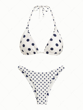 Cadetblue Vintage Polka Dot Halter Triangle Reversible Bikini Set