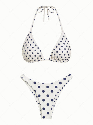 Cadetblue Vintage Polka Dot Halter Triangle Reversible Bikini Set