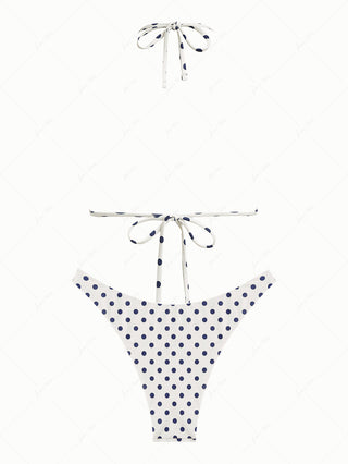 Cadetblue Vintage Polka Dot Halter Triangle Reversible Bikini Set