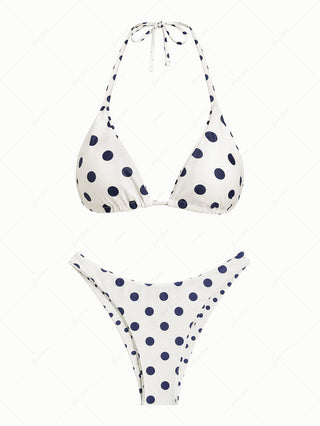Cadetblue Vintage Polka Dot Halter Triangle Reversible Bikini Set