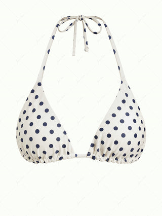 Crystal Cream Vintage Polka Dot Reversible Halter Triangle Bikini Top