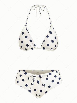 Crystal Cream Vintage Polka Dot Reversible Halter Triangle Bikini Set