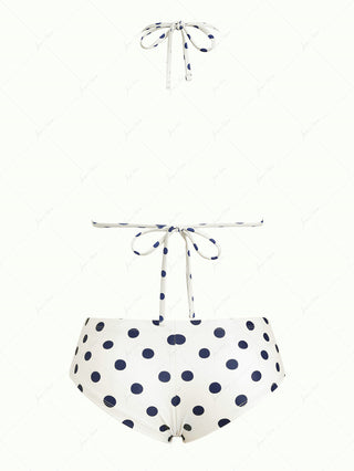 Crystal Cream Vintage Polka Dot Reversible Halter Triangle Bikini Set