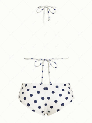 Crystal Cream Vintage Polka Dot Reversible Halter Triangle Bikini Set