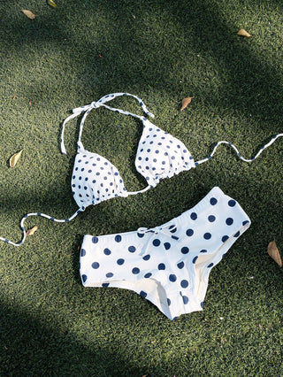 Crystal Cream Vintage Polka Dot Reversible Halter Triangle Bikini Top