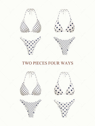 Cadetblue Vintage Polka Dot Halter Triangle Reversible Bikini Set
