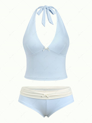 Light Blue Ribbed Knit Bowknot Halter Foldover Cheeky Boyshorts Tankini Set