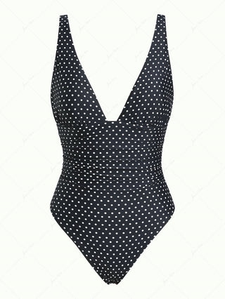Black Polka Dot Print Ruched Plunging Neck One-piece Swimsuit