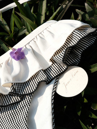 Crystal Cream Metallic Gold Yarn Knitted Fabric Layered Peplum Skirted Bikini Bottom