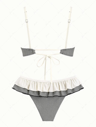 Crystal Cream Metallic Gold Yarn Knitted Fabric Ruched Ruffles Skirtini Bikini Set