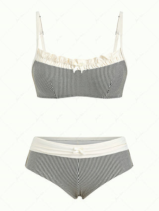 Crystal Cream Metallic Gold Yarn Knitted Fabric Ruched Ruffles Cheeky Boyshorts Bikini Set