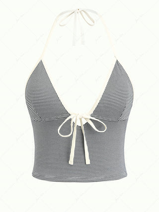 Black Knitted Plaid Tie Front Cutout Plunging Neck Halter Tankini Top
