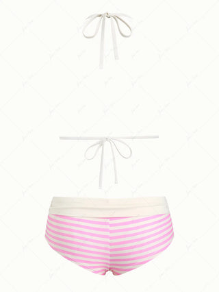 Light Pink Striped Ruffle Halter Bikini Two-Piece Set