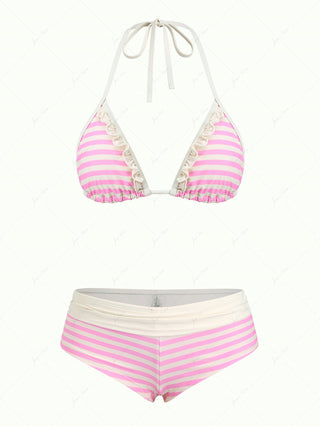 Light Pink Striped Ruffle Halter Bikini Two-Piece Set