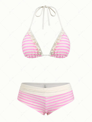 Light Pink Striped Ruffle Halter Bikini Two-Piece Set