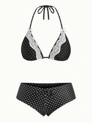 Black Polka Dot Print Lace Bowknot Triangle Cheeky Boyshorts Bikini Set