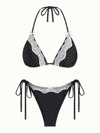 Black Polka Dot Print Lace Bowknot Halter Triangle Bikini Set