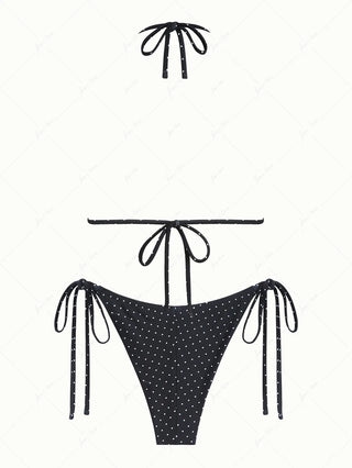 Black Polka Dot Print Lace Bowknot Halter Triangle Bikini Set