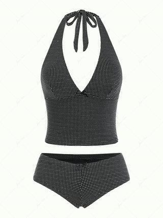 Black Pin Dot Jacquard Fabric Halter Cheeky Boyshorts Tankini Set