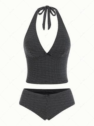 Black Pin Dot Jacquard Fabric Halter Cheeky Boyshorts Tankini Set