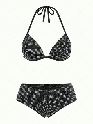 Black Pin Dot Jacquard Fabric Triangle Push Up Top & Cheeky Boyshort Bikini Set