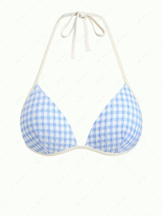 Light Blue Bubble Grid Textured Halter Triangle Bikini Top
