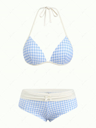 Light Blue Bubble Grid Textured Push Up Top & Cheeky Boyshorts Bikini Set