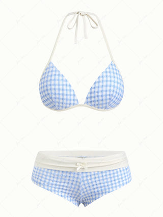 Light Blue Bubble Grid Textured Push Up Top & Cheeky Boyshorts Bikini Set
